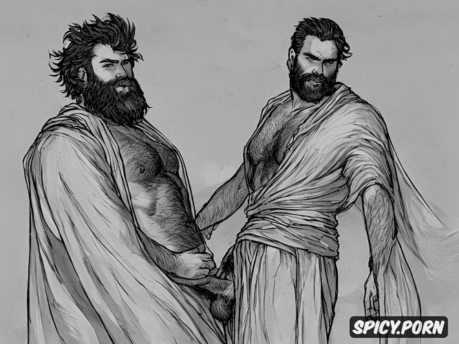 natural thick eyebrows, artistic sketch of a bearded hairy man wearing a draped toga in the wind