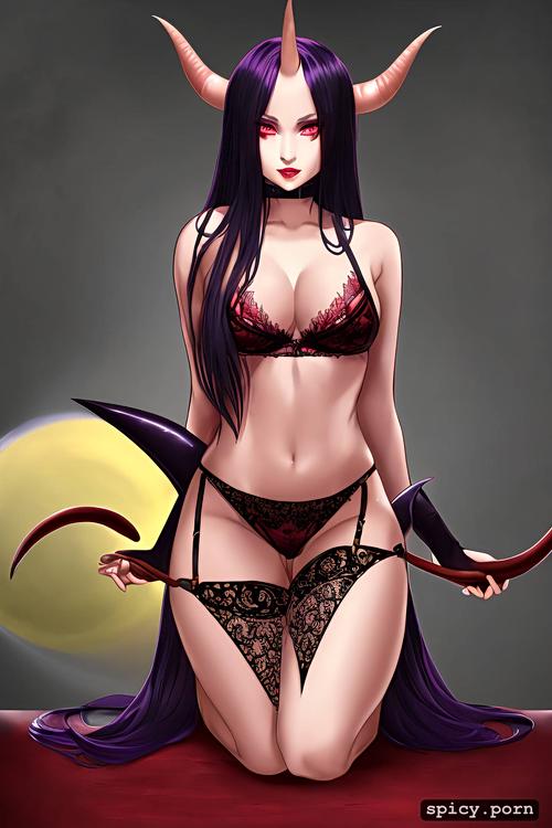 dark red skin, spade tail, devil woman, long black hair, purple lingerie