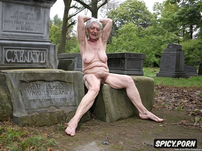 skeletal, one super old granny, short grey hair, cemetery, naked