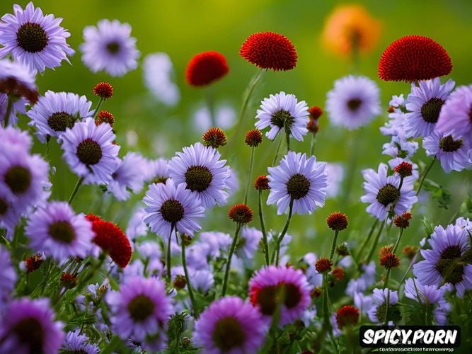 high resolution, fairytale, enchanted flower meadow, magic mushrooms