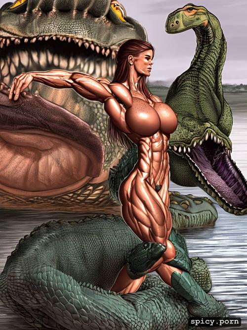 photorealistic, strength effort, nude muscle woman vs big deadly croc