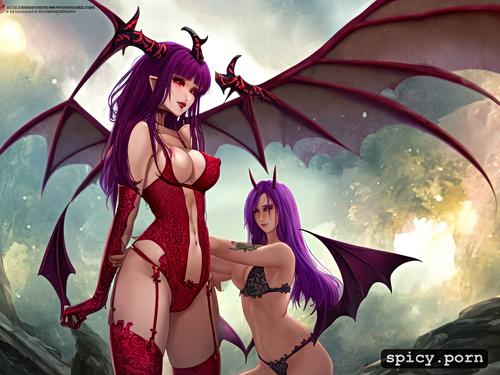 masterpiece, red demonic tail, nice natural boobs, purple hair