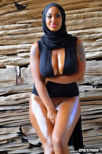 hyperdetailed hyperrealistic, busty curvy sexy milf, totally naked in only hold ups hijab and nothing else