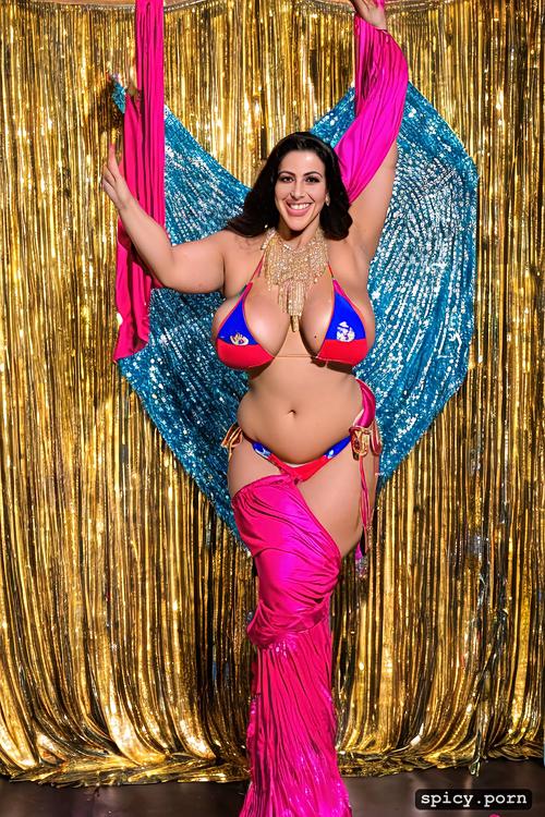 color photo, 36 yo beautiful thick american bellydancer, huge hanging boobs