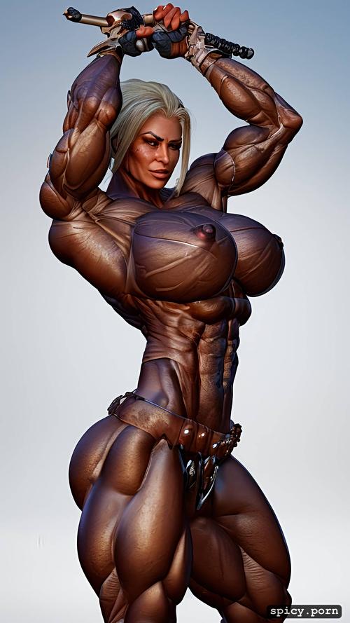 realistic, vs many, full body, scar, small armor, 8k, nude muscle woman