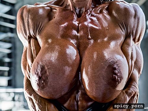 her traps are massive, her muscled breasts are big, female bodybuilder