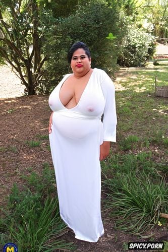 ssbbw hispanic woman, very short hair, standing up, small shrink boobs