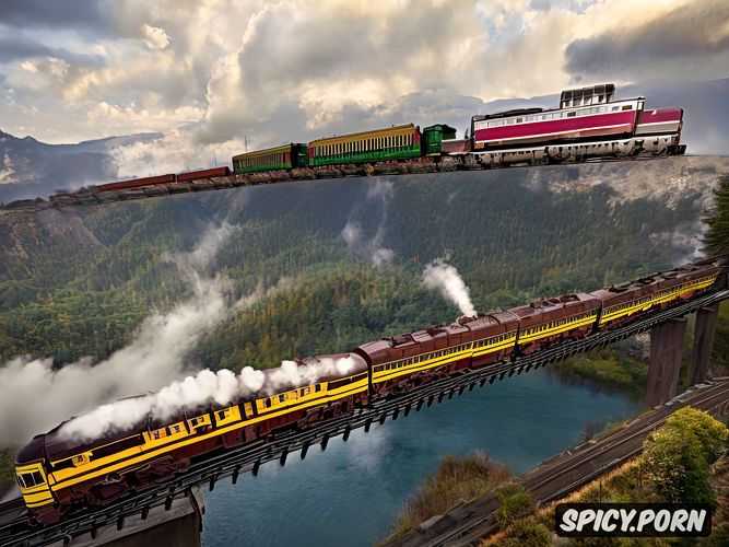 freight train with steam locomotive, awesome elevated crossing over wild river