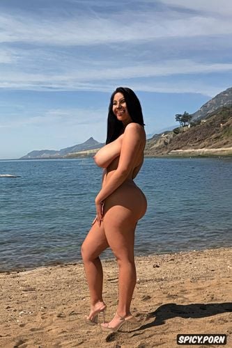 half view, beach, beautiful extremely long straight hair, gorgeous voluptuous colombian supermodel