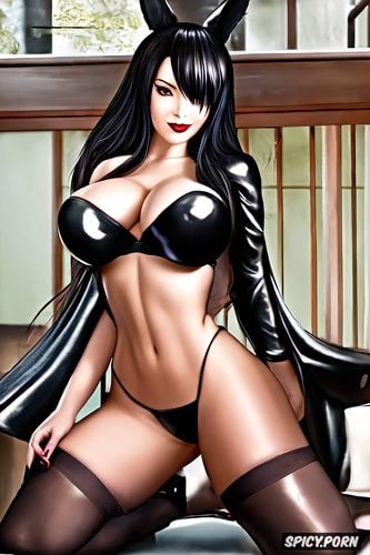 shiny, soft black lips, seducing, and massive big juicy breasts with perky hard nipples that are peaking through the kimono kuro wears black a pitch black kimono that slightly covers her oiled curvy divine body her shoes are long