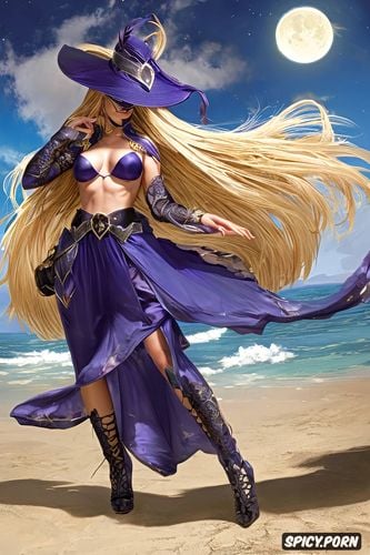 moon, blonde, midnight, island, topless, ocean, dark magician woman