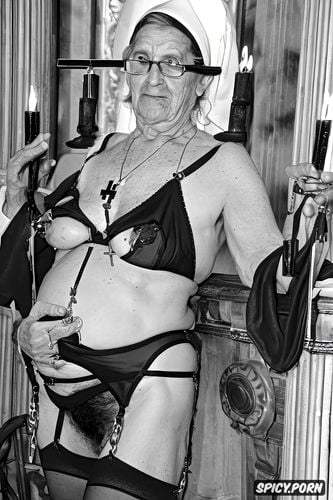 white hair, cathedral, holding a cross in pussy, pierced nipples