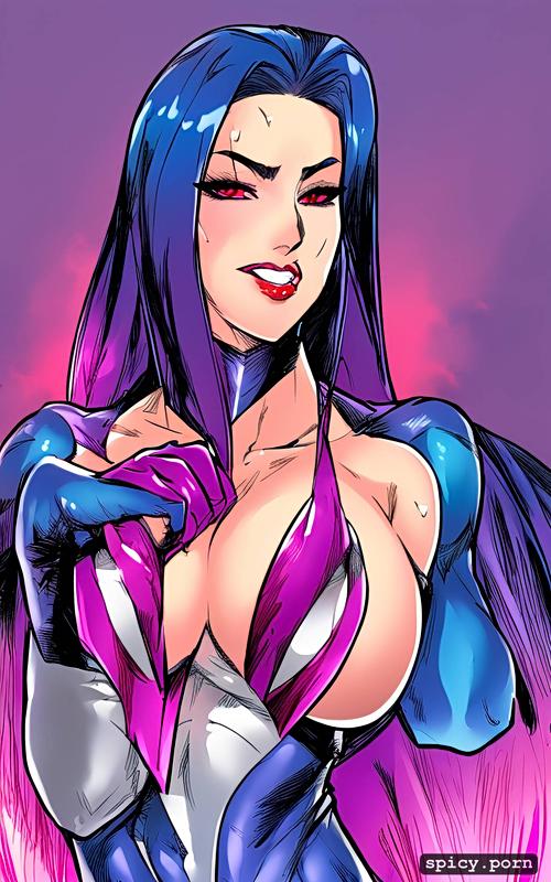 psylocke, perspiration, mouth moaning, breasts exposed, heart emoji