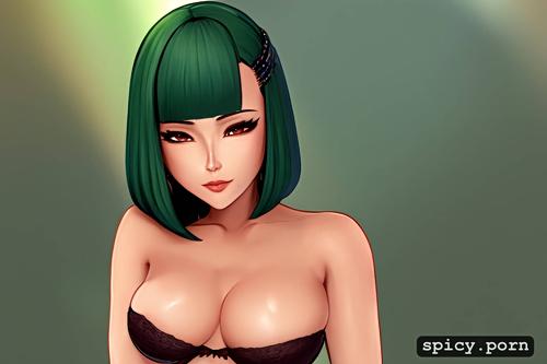 green bobcut hair, 25 yo, solid colors, natural boobs, full body