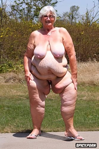 an old fat futanari granny standing naked with obese belly, shaved