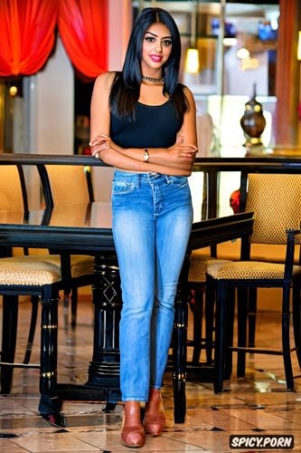 on a student visa, full body shot, a young typical dusky indian waitress in america