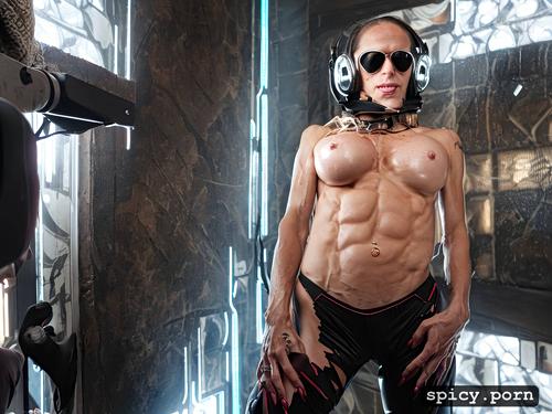 beautiful woman standing in a cyberpunk chamber1 9, wearing cyberpunk headphones1 8