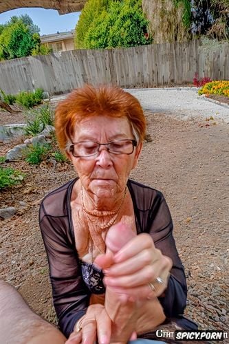 pov, old bimbo hourglass wide hips granny, two hands handjob