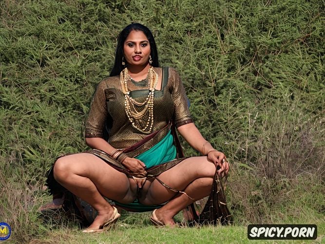 squat position, raising saree up, panty crotch pull to left