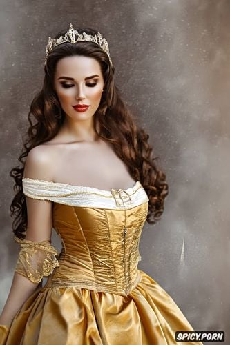 young, diadem, flowing low cut pale yellow ballgown, masterpiece