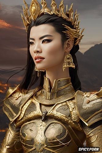 asian skin, matte, flame crown, 8k, golden eyes, sharp focus