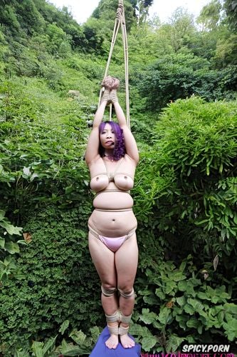 jungle, purple hair, glasses, pretty face, chinese milf, rope bondage