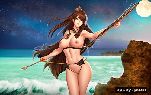 standing scantily clad with bow and arrow in moonlight, beautiful brown hair woman