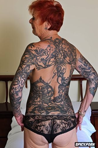 shows her ass, skinny, perky tits, named, gilf, in bedroom, photorealistic