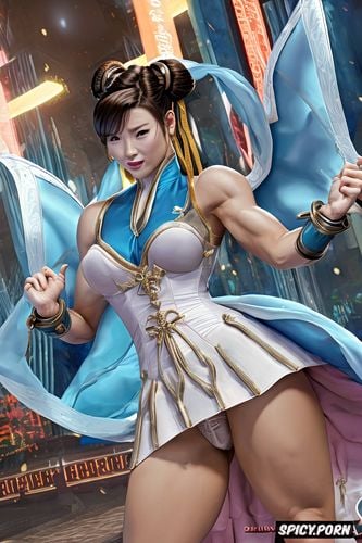 chun li streetfighter, showing upskirt, hairy vagina, long dress