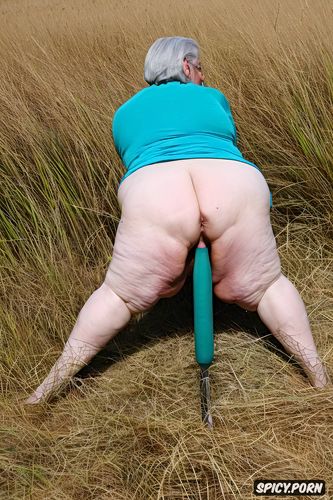 old granny, background tall grass, ssbbw, dimpled, massive butt pale