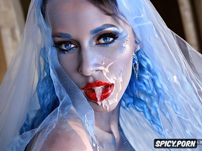 withe wedding dress with a blue veil, look at viewer, skinny teen