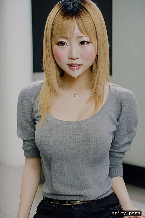 blonde japanese teen, cum on face, cum everywhere, cum on walls