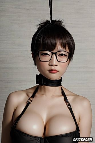 tied, glasses, bondage, centered, chinese woman, swimsuit, pixie hair