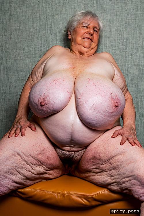 cellulite, obese, medium length white hair, nude, unrealistically large veiny breasts