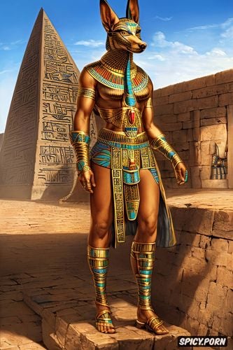 blue sky, fit body, desert, egyptian god anubis in traditional clothing standing in front of egyptian tomb