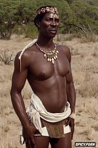 and king giant tall older black man furry body, homemade african tribe clothes