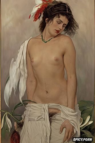 textured paint, flat chest beautiful native american women with a white lily