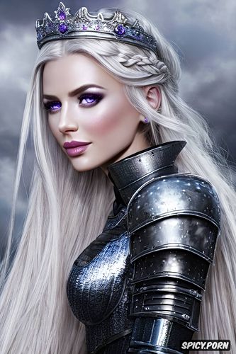 soft purple eyes, full lips, wearing black scale armor, tiara