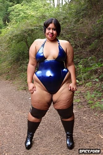 standing up, thick thighs, flat chest, light brown latex color