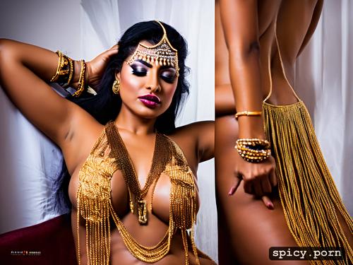 golden jewellery, naked, facing camera, indian, big ass, black hair
