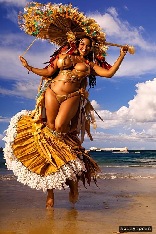 color photo, 48 yo beautiful tahitian dancer, performing, extremely busty