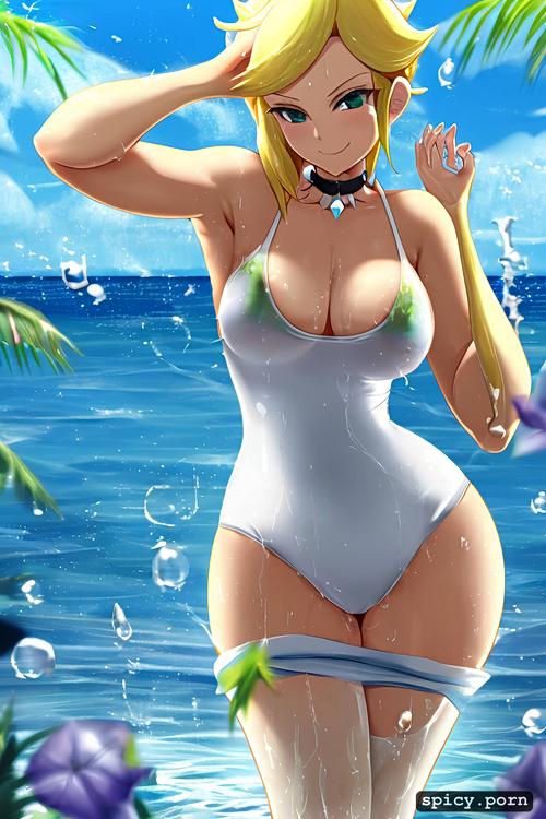 cumshot, princess rosalina, one piece swimsuit, smiling, standing in water