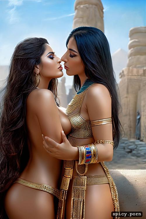 lesbians kissing, 30 yo, ancient city, nude, curvy brunette