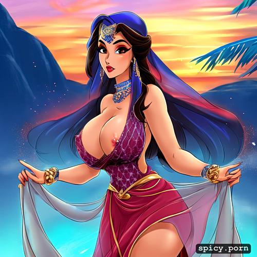 arabic woman, nipple piercing, showing boobs, sheer dress, aladdin