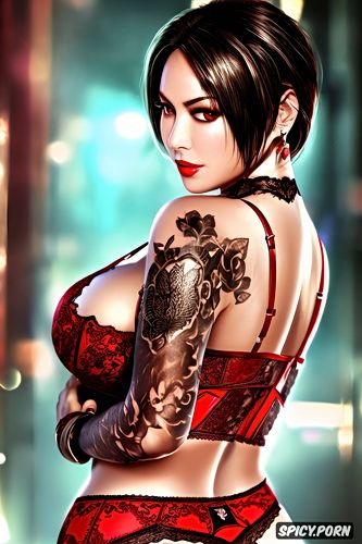 high resolution, ultra detailed, ada wong resident evil beautiful face young sexy low cut red lace lingerie