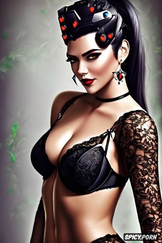 ultra detailed, k shot on canon dslr, masterpiece, widowmaker overwatch sheer low cut erotic black lace lingerie black lace stockings beautiful face portrait