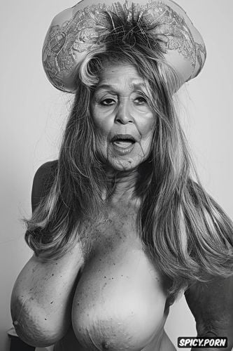 gray hair, large areolas, portrait, huge massive hooters, granny