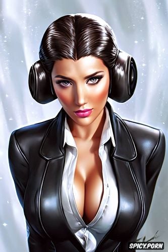 ultra detailed face shot, ultra realistic, princess leia star wars black blazer white shirt shirt unbuttoned beautiful face milf