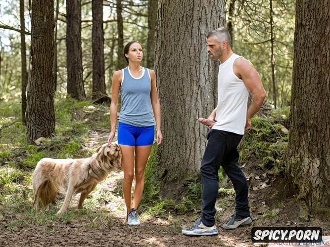 hopeless disgusted expression, scared model face, petite, dirty old homeless men attack terrified preppy pretty mature woman and her teen niece walking her dog in the woods