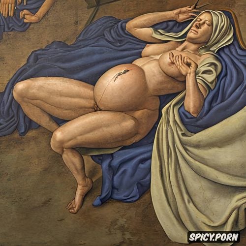 spreading legs shows pussy, renaissance painting, robe, holy woman virgin mary nude in a stable